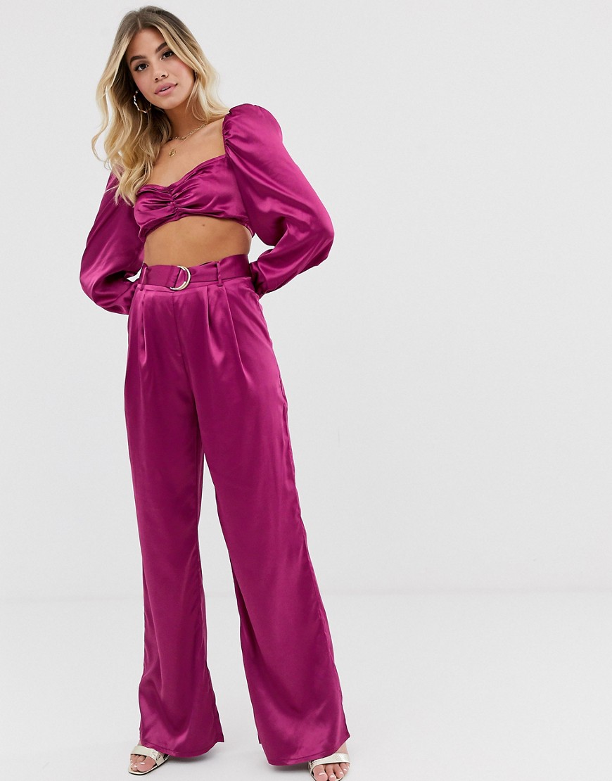In The Style satin wide leg trouser with belt in raspberry