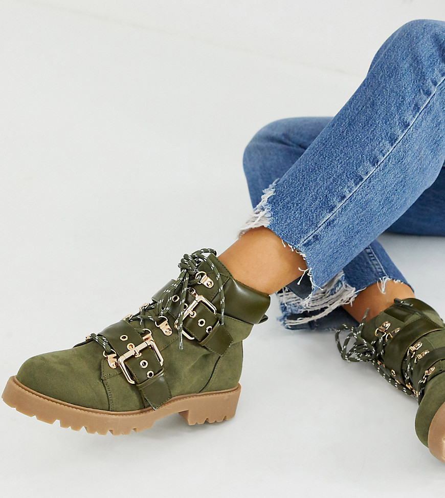 Asos Design Wide Fit Avenue Hiker Boots In Khaki-green