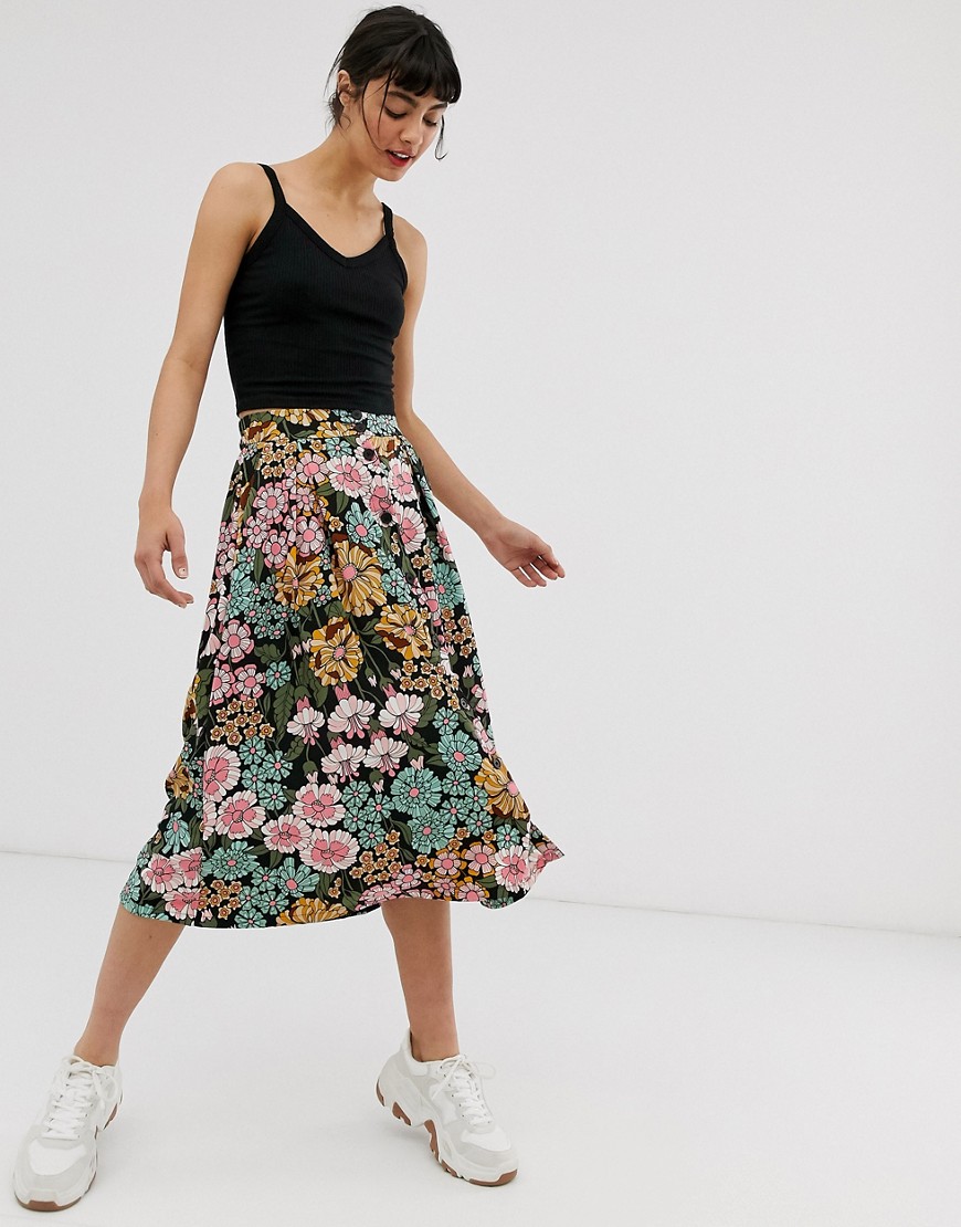 Monki floral print button through midi skirt