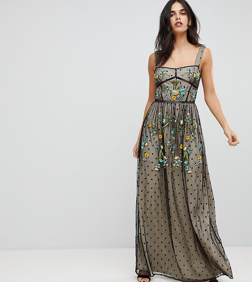 Frock And Frill Premium Folk Embroidered Structured Strap Maxi Dress