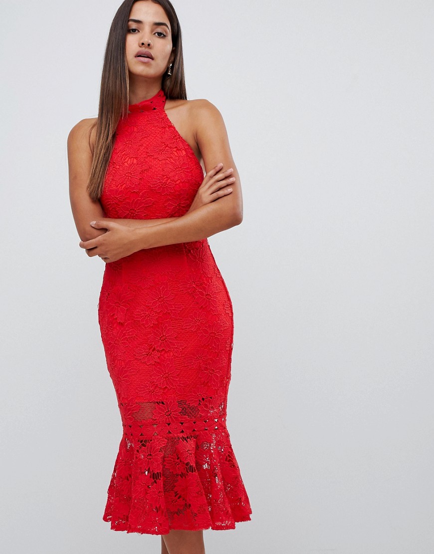 Love Triangle all over high neck cut work lace high neck dress with scallop back in red