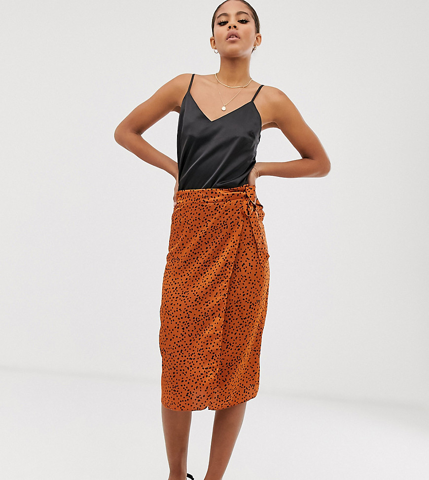 Outrageous Fortune Tall wrap midi skirt in tan spot print