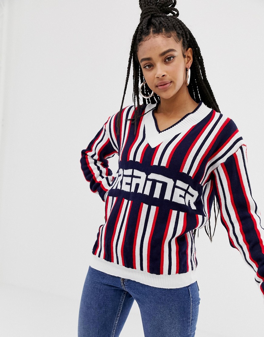 Daisy Street dreamer slogan jumper in knitted stripe
