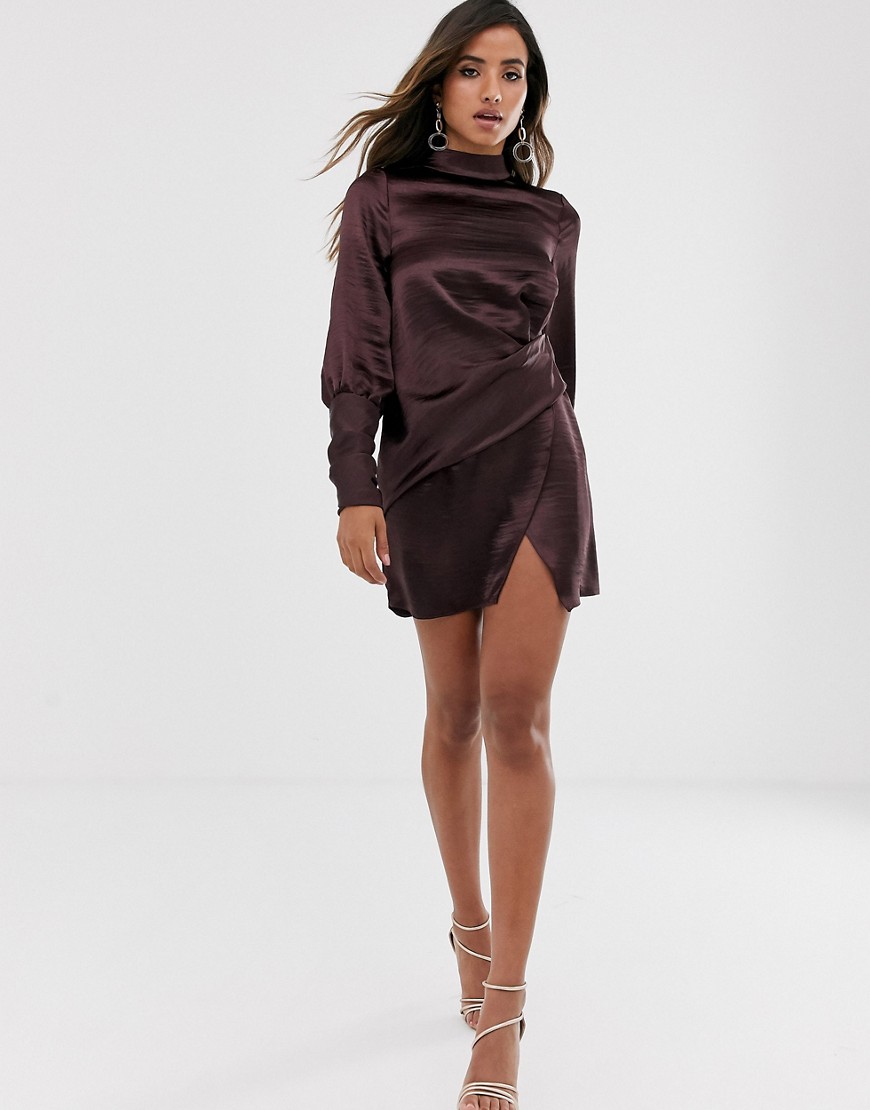 Asos Design Long Sleeve Mini Dress In Satin With Drape Detail-purple