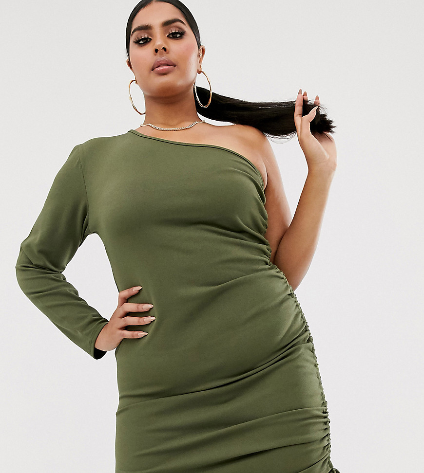 Fashionkilla Plus going out one shoulder long sleeve ruched side mini dress in khaki