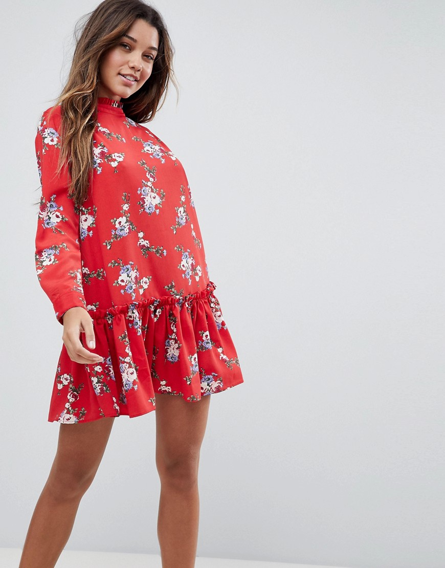 Asos Design Smock Mini Dress With Pep Hem In Red Floral-multi