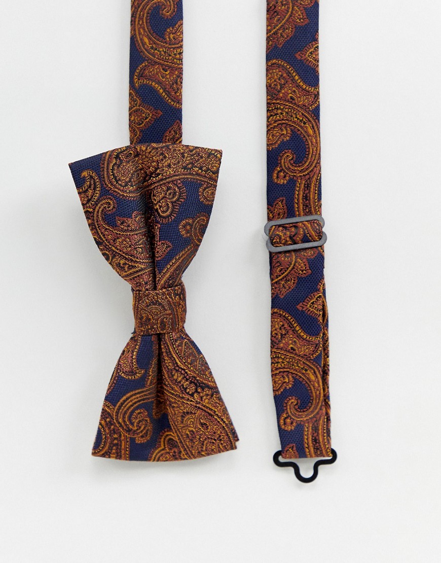 Twisted Tailor bow tie in navy with gold paisley jacquard