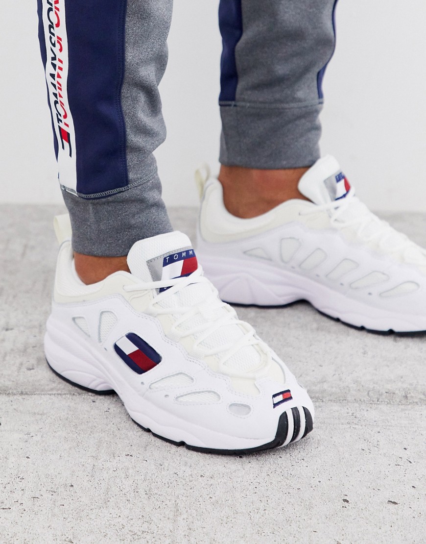Tommy Jeans flag logo retro leather dad trainers in white