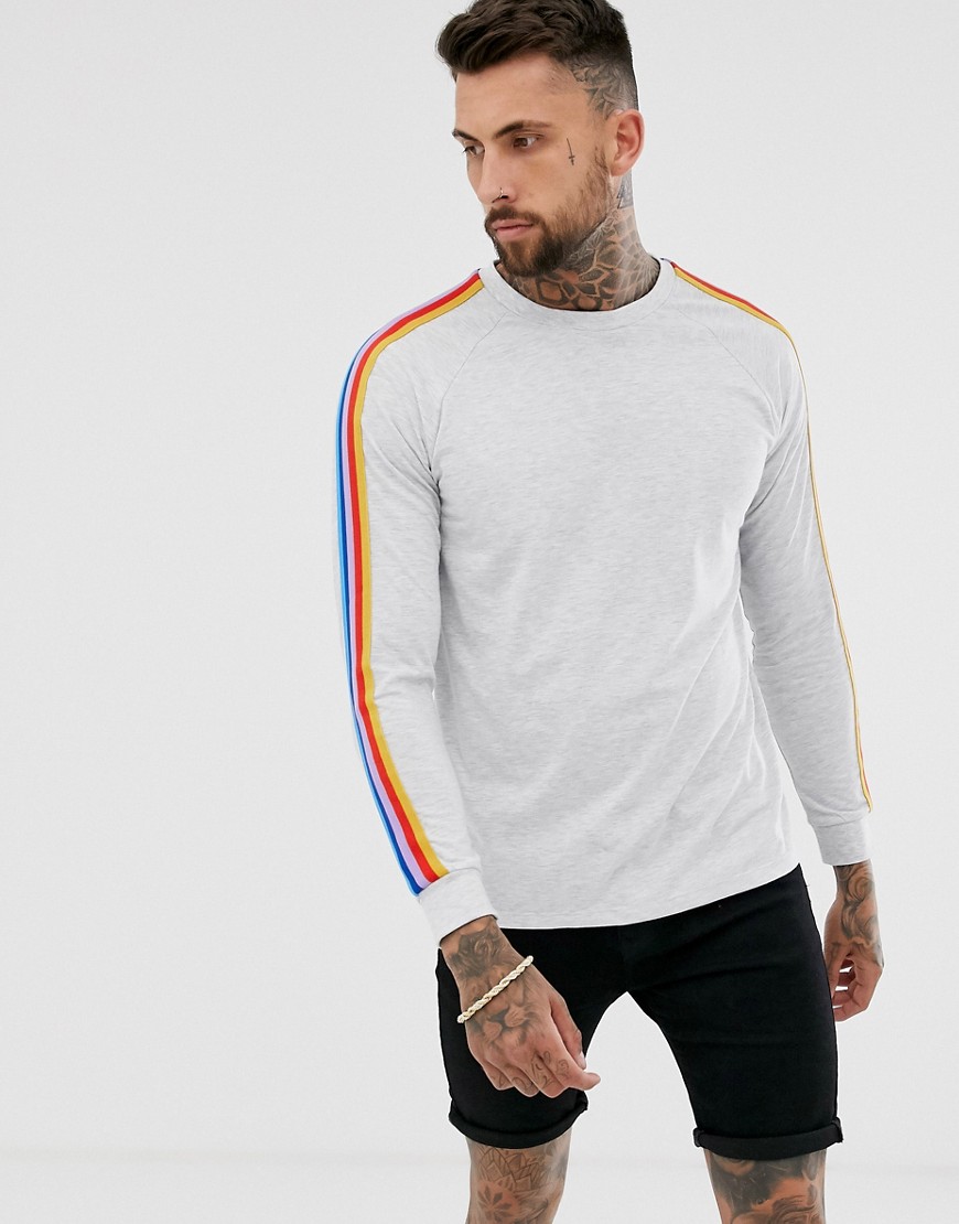 ASOS DESIGN relaxed long sleeve t-shirt with contrast rainbow taping in white marl
