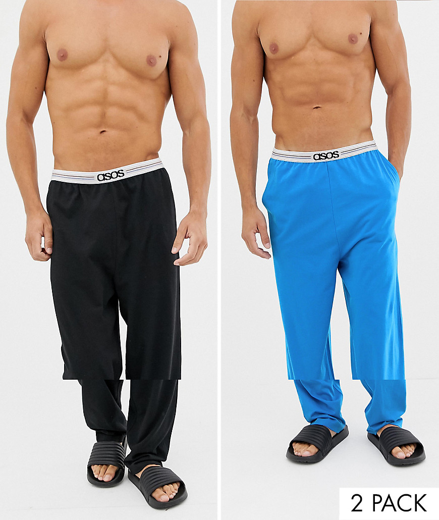 ASOS DESIGN 2 pack pyjama bottoms in black & blue with branded waistband in organic cotton save