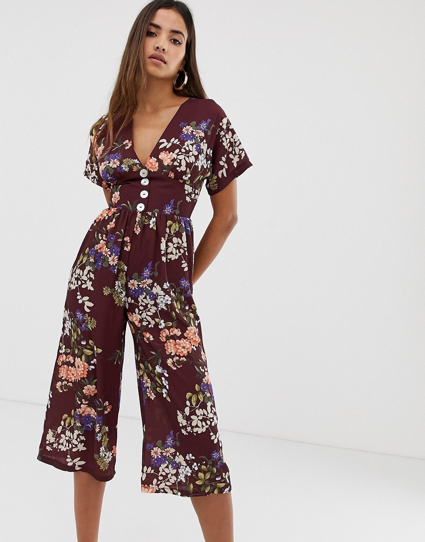 Love capped sleeve floral jumpsuit with button front detail