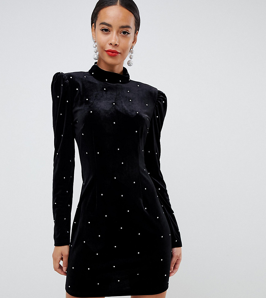 Fashion Union Tall polo neck bodycon dress with all over diamante - Black velvet