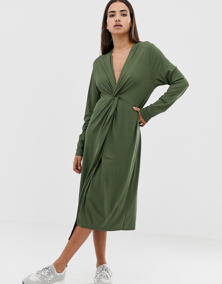 ASOS DESIGN relaxed long sleeve midi dress with knot front