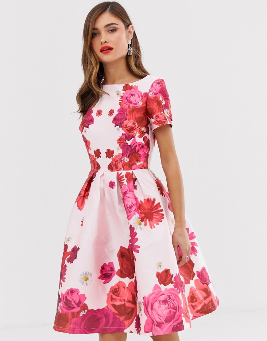 Chi Chi London midi high low floral skater dress in pink