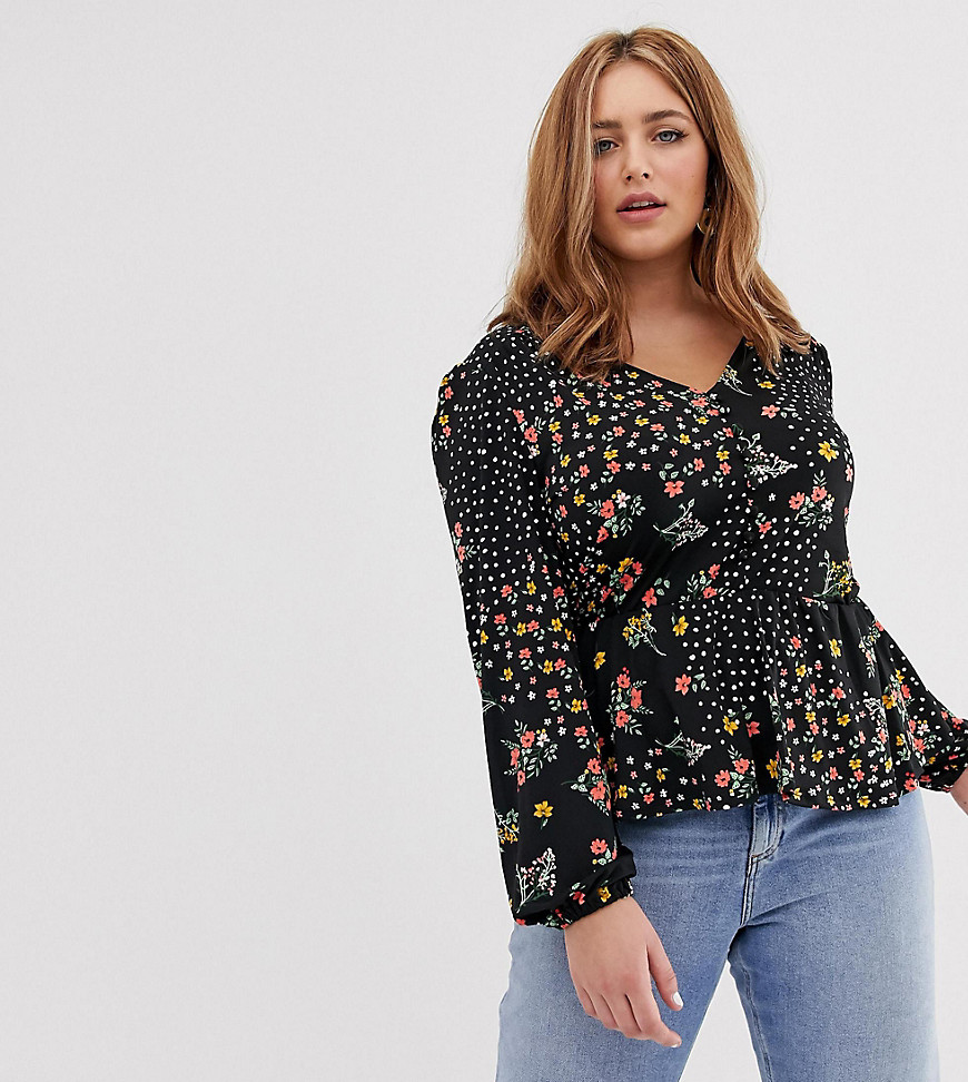 Oasis Curve button through blouse in ditsy floral print