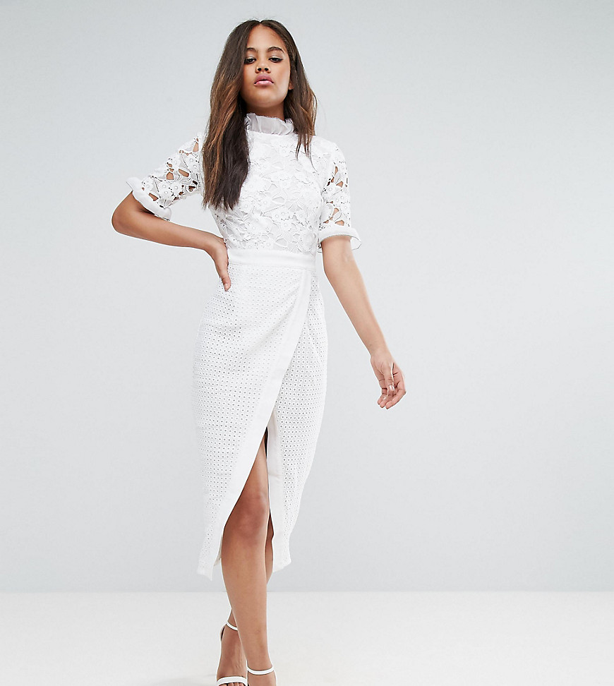 True Decadence Tall Premium Lace Top Wrap Front Midi Dress - White