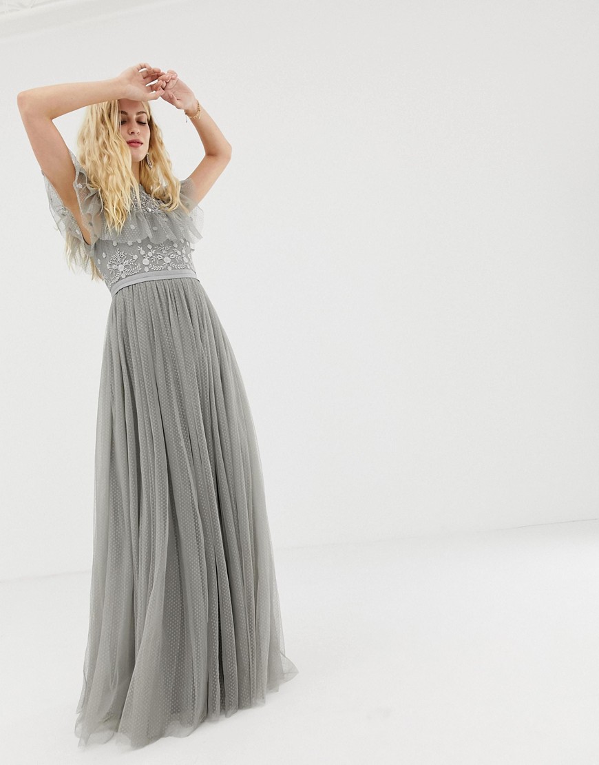 Needle & Thread embroidered bodice tulle gown in ash grey