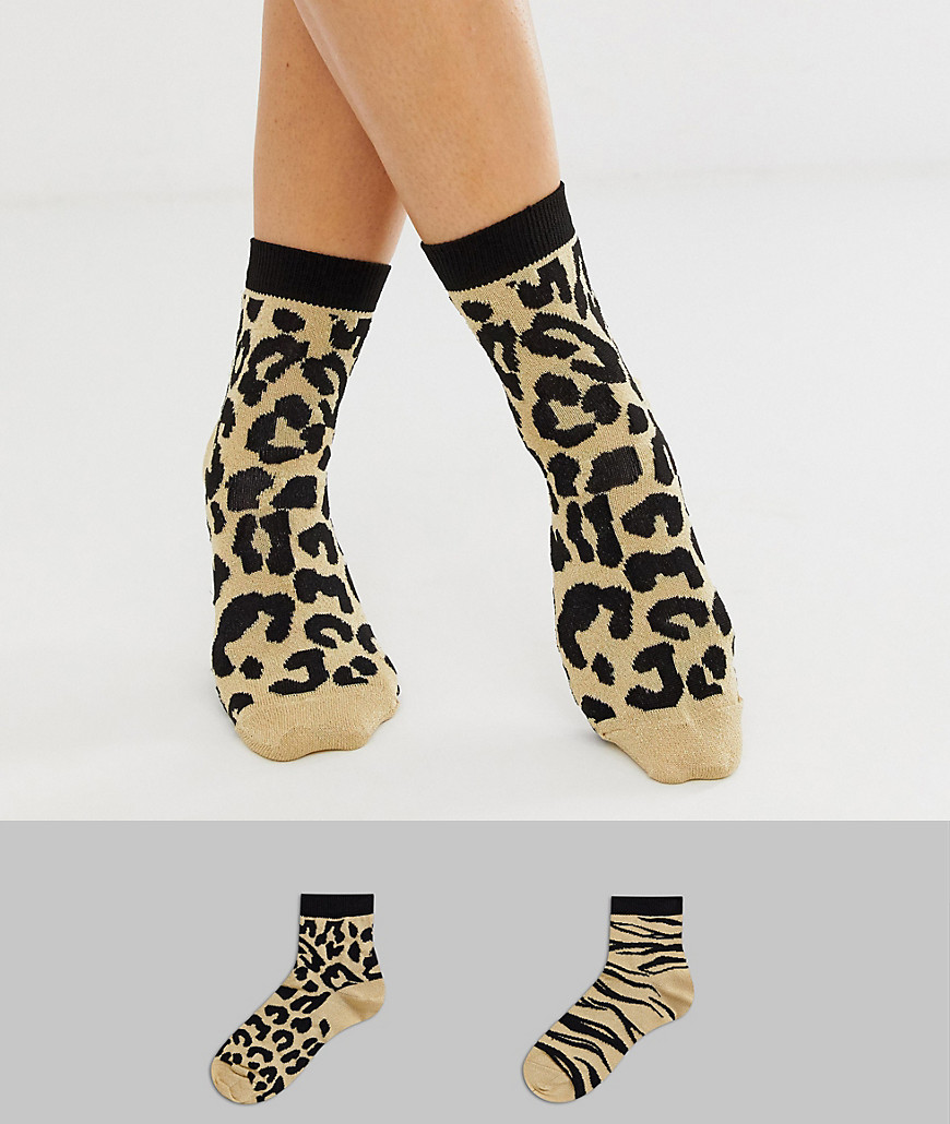ASOS DESIGN 2 pack glitter leopard and zebra socks