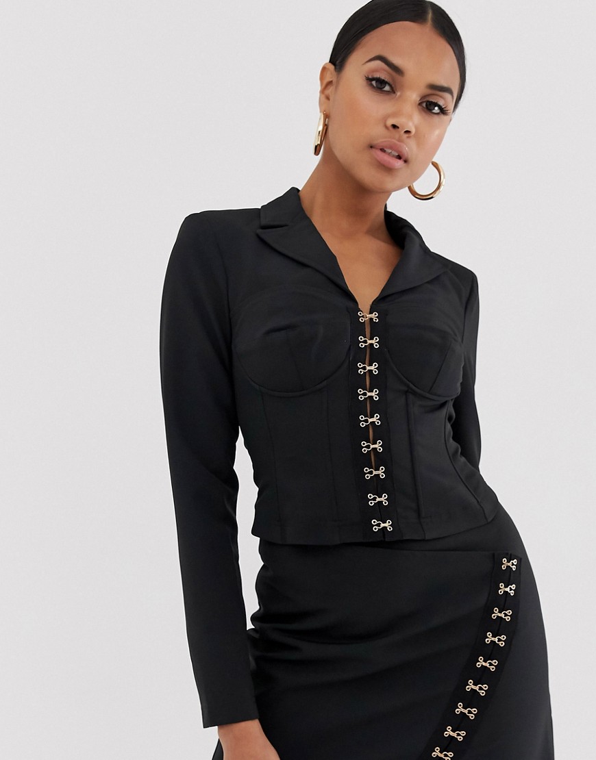 4th + Reckless corset collar blazer with hook and eye detail in black