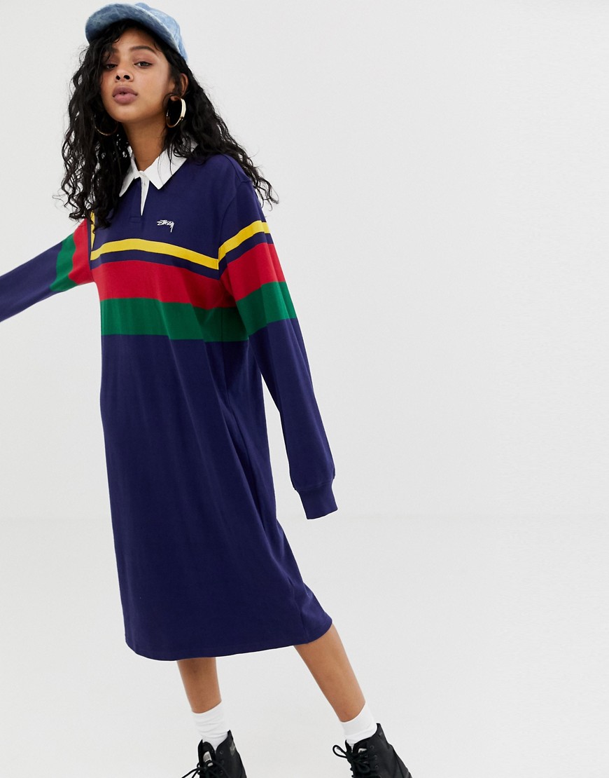 Stussy rugby dress with colour block stripes and chest logo