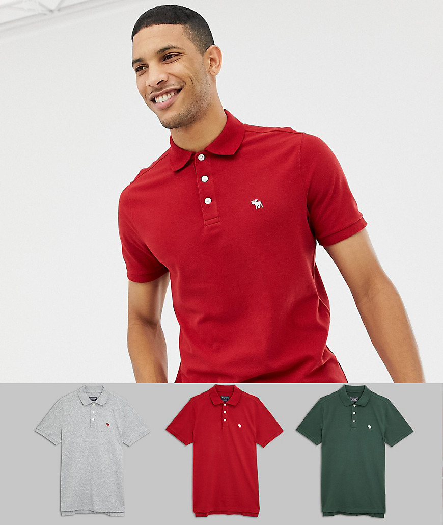 Abercrombie & Fitch 3 pack icon logo pique polo slim fit in red/grey marl/green