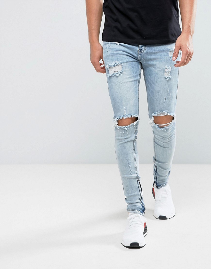 Sixth June Skinny Fit Jeans In Midwash Blue With Distressing - Blue