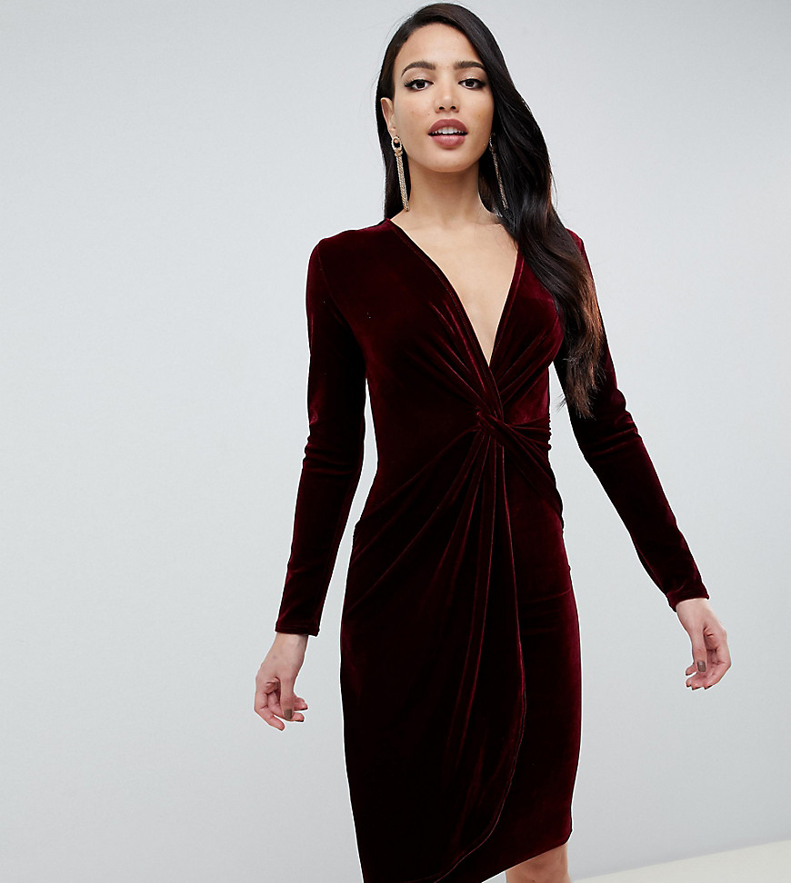 TFNC Tall velvet midi wrap dress with twisted waistband in burgundy