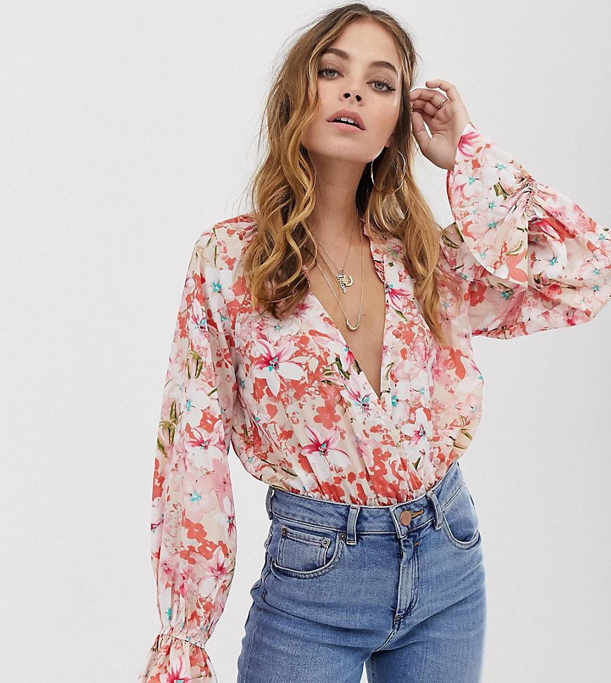 Missguided Petite plunge bodysuit in pink floral print with frill cuffs