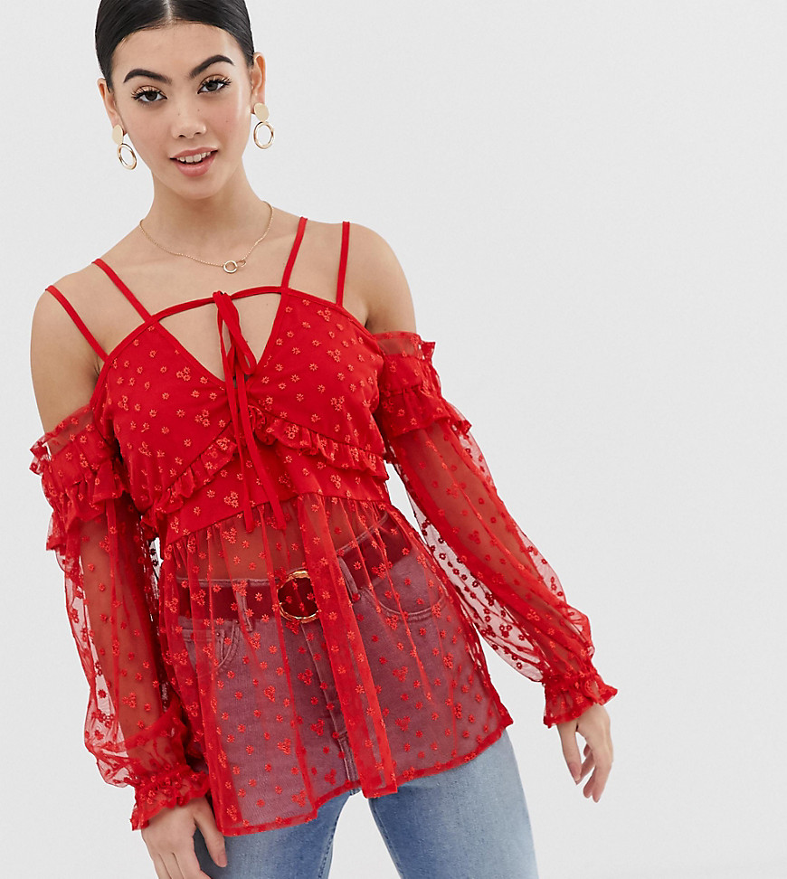 Lost Ink Petite Cold Shoulder Strappy Crop Top With Floral Lace Overlay