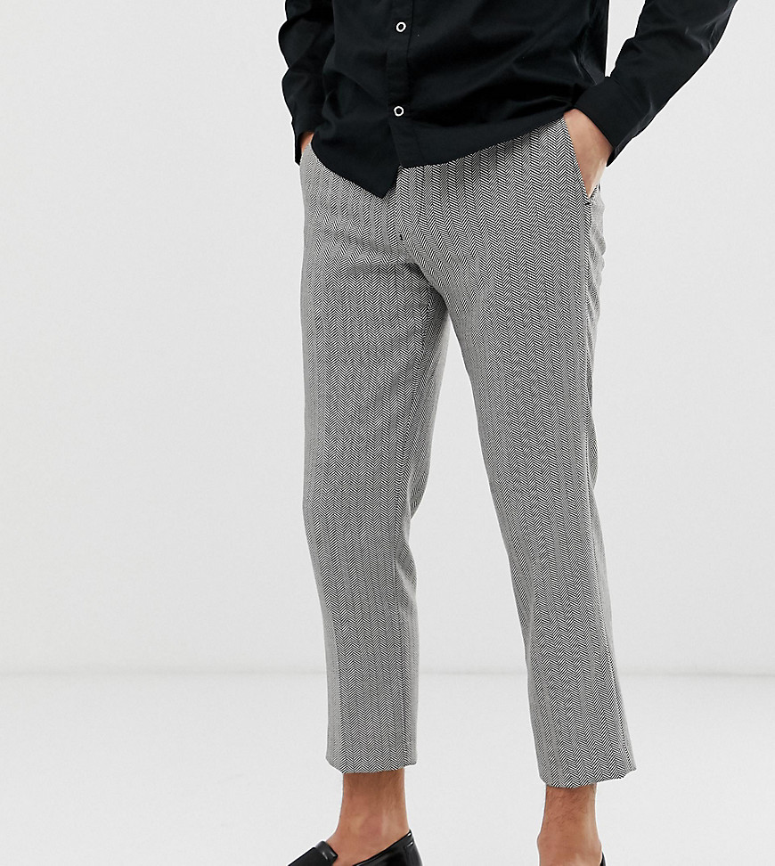 Noak slim fit cropped trouser in black and white herringbone