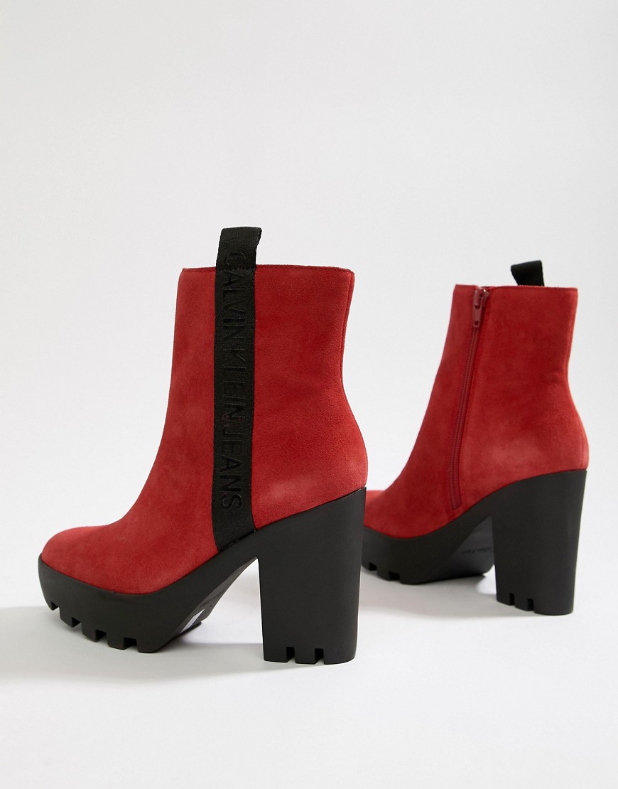 Calvin Klein Chunky Red Suede Branded Heeled Ankle Boots