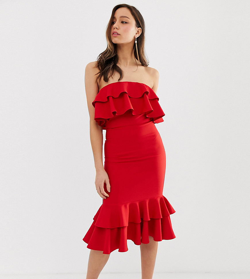 Chi Chi London Tall jersey midi dress with frill detail in red