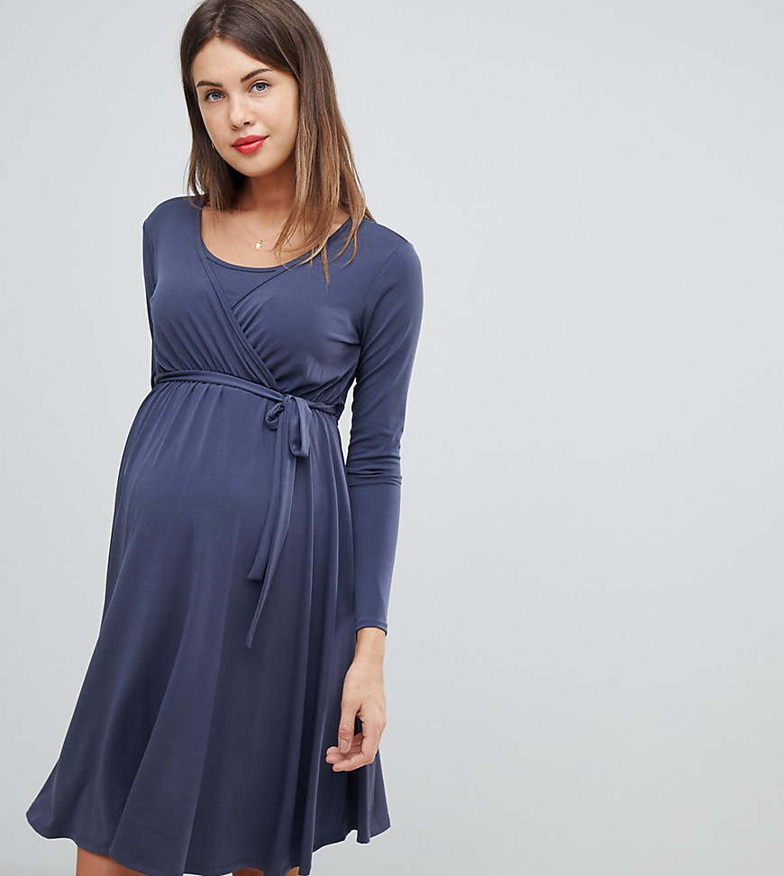 Bluebelle Maternity nursing long sleeve wrap front midi dress in blue