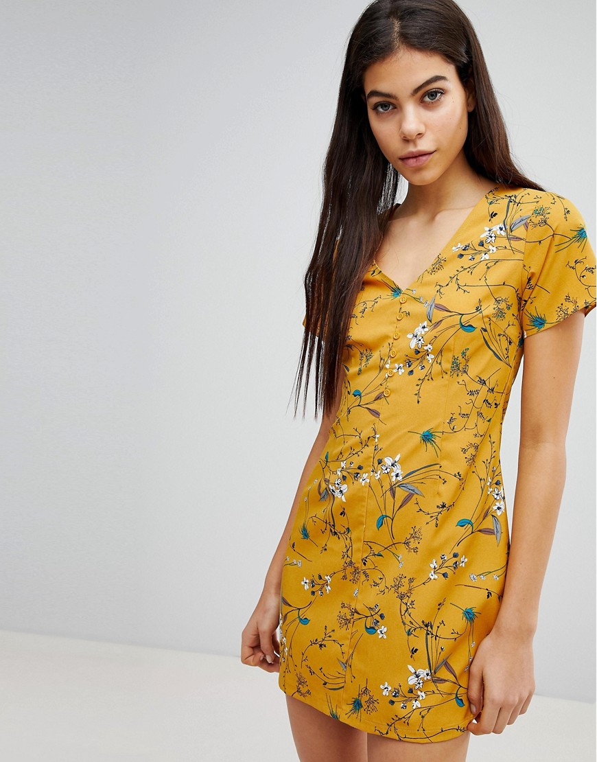 Missguided Floral Button Detail Dress - Mustard