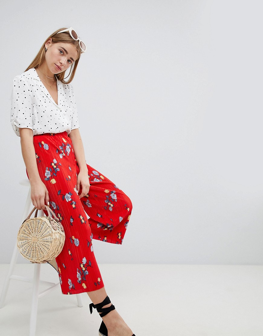 Nobody's Child Plisse Wide Leg Trousers In Floral - Red floral