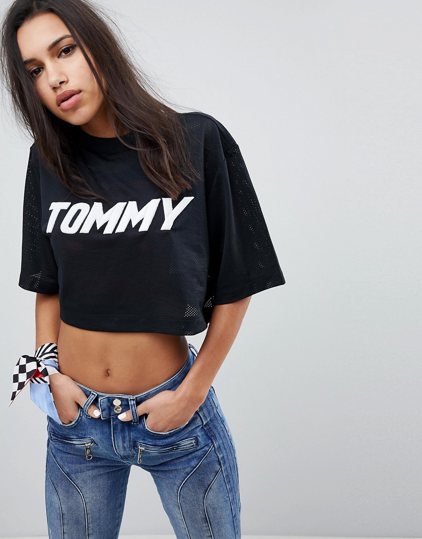 Gigi Hadid Tommy Logo Mesh Crop T-Shirt - Black beauty