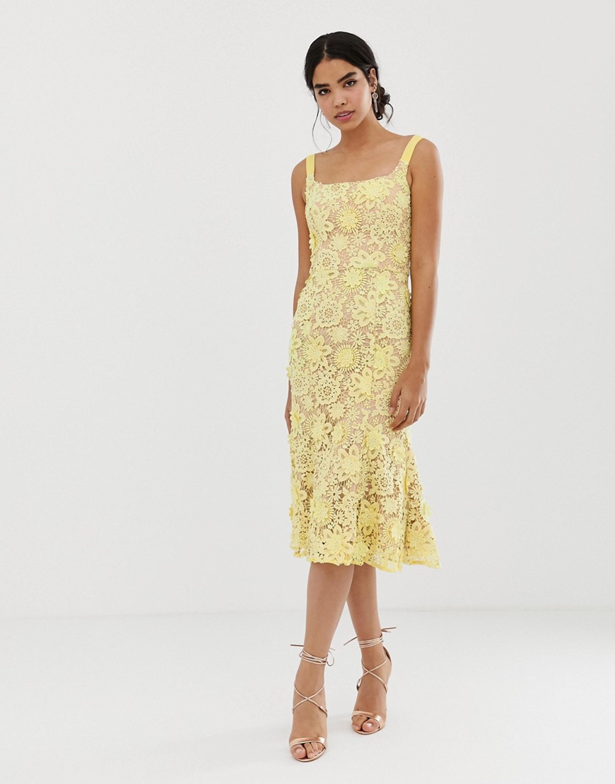 Jarlo square neck all over lace embroidered midi dress in yellow