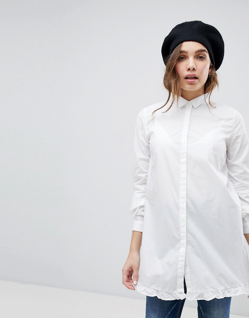 Only Long Shirt With Ruffle Hem - Bright white
