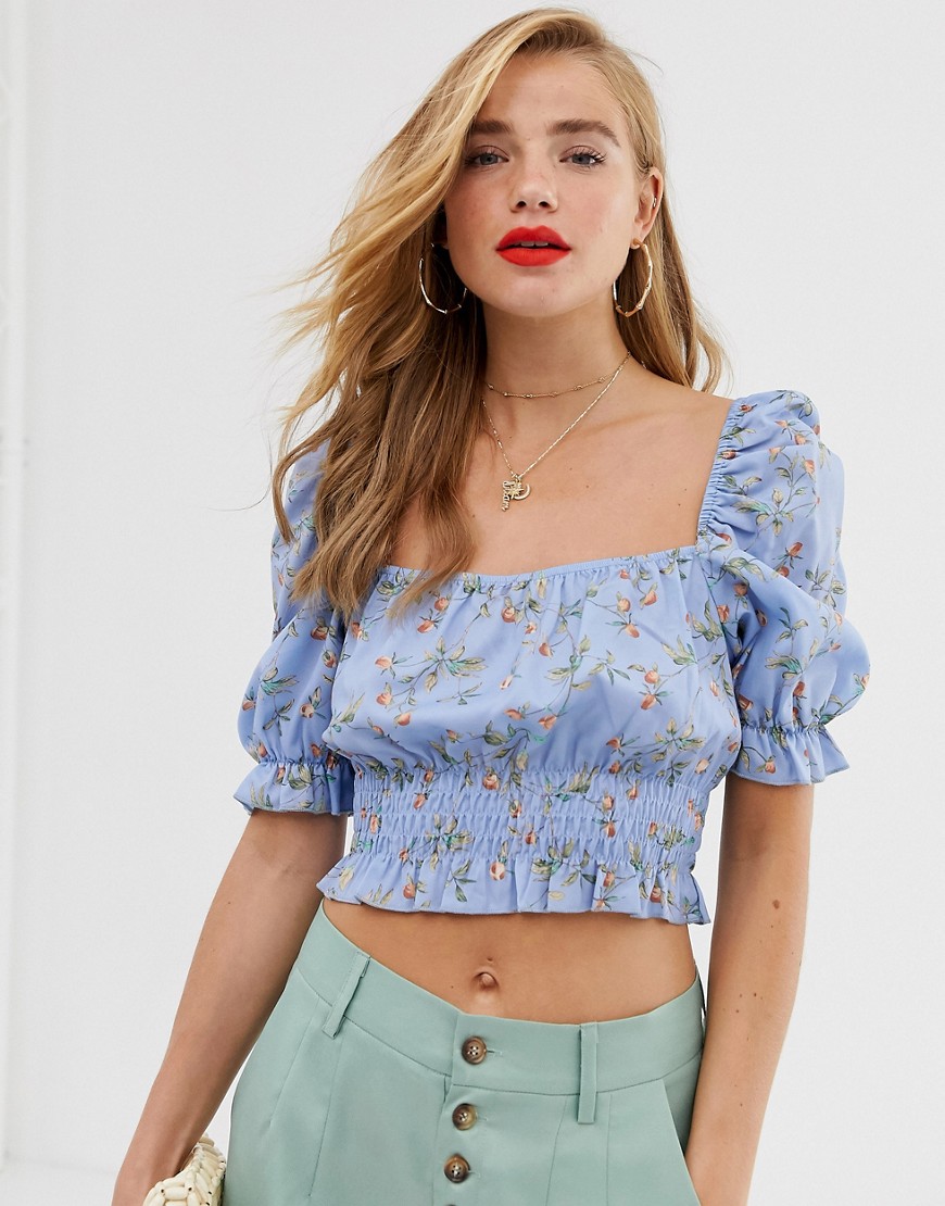 In The Style x Laura Jade puff sleeve shirred frill top in blue floral