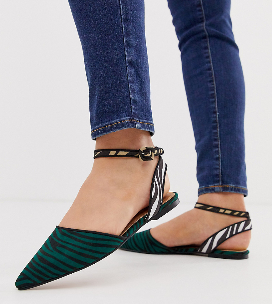 ASOS DESIGN Wide Fit Valuate pointed ballet flats in zebra mix