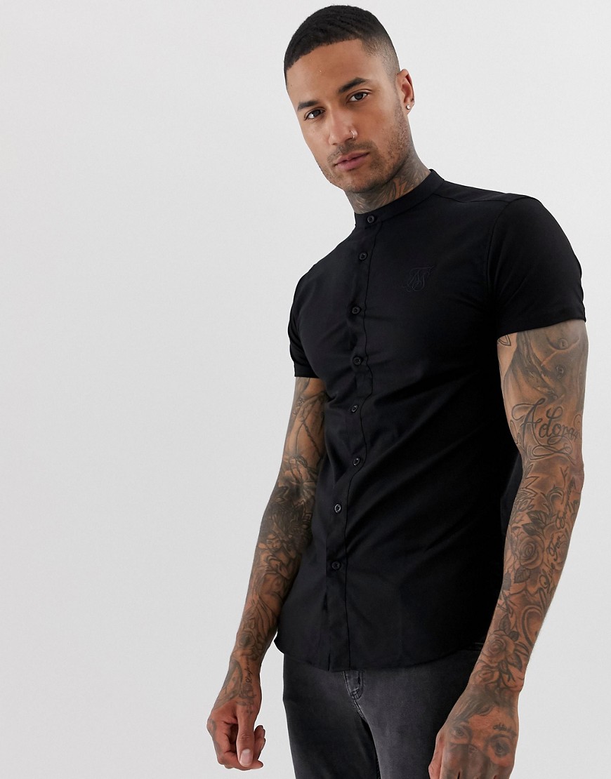 SikSilk short sleeve shirt with granddad collar n black with jersey sleeves
