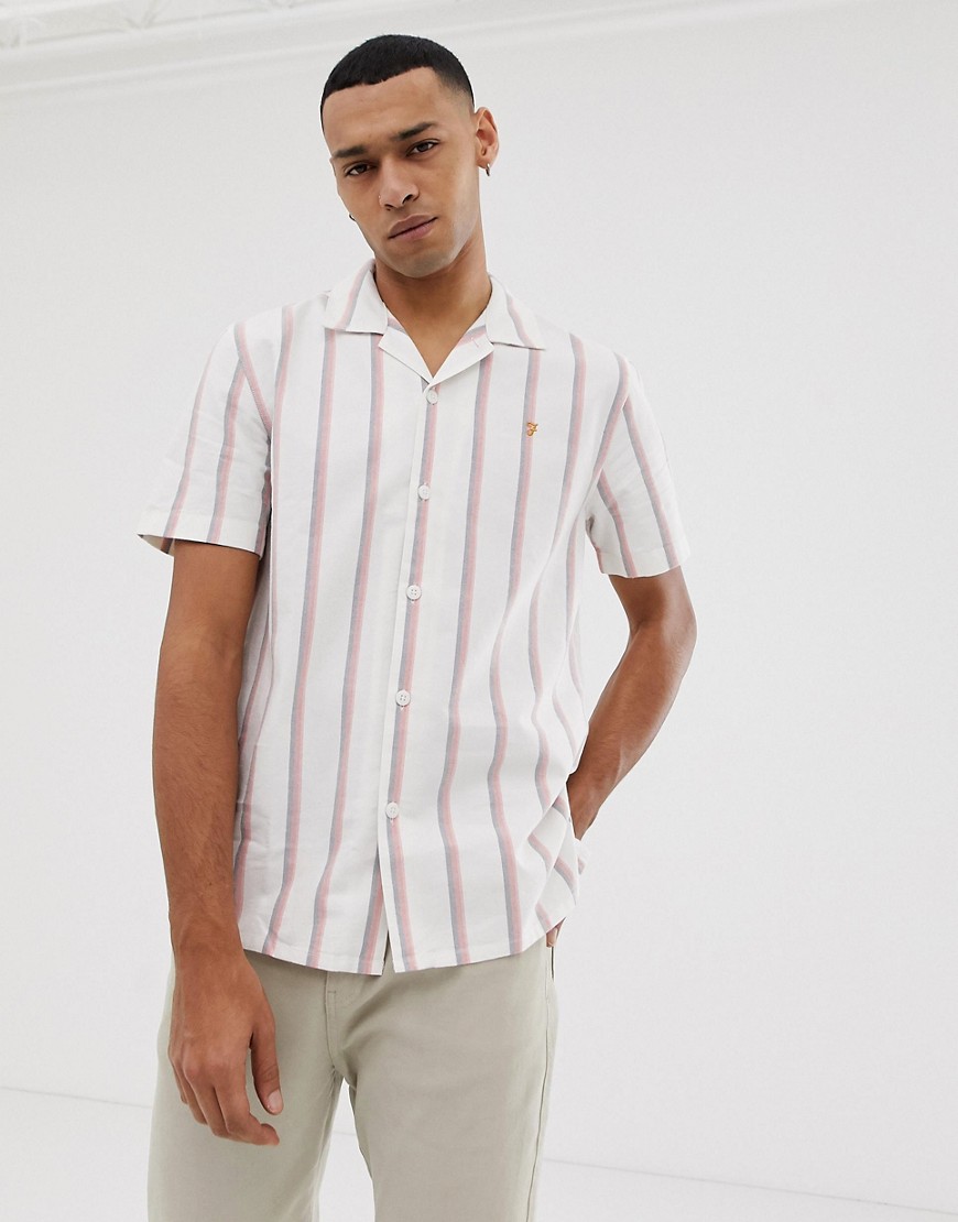 Farah Saunderson short sleeve revere oxford stripe shirt in white