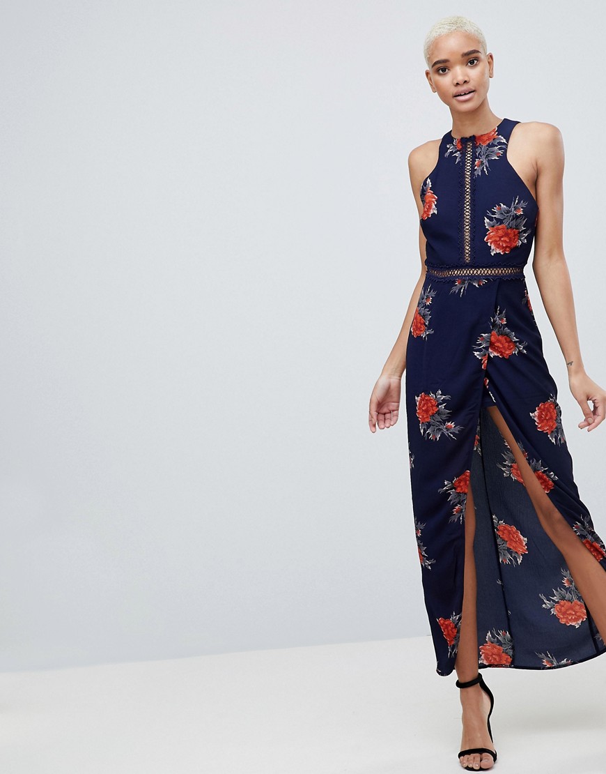 Girl In Mind Floral Open Back Wrap Maxi Dress - Navy
