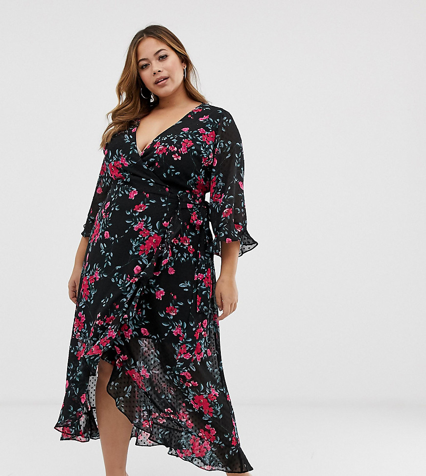 Fashion Union Plus plunge front midi dress in dobby floral