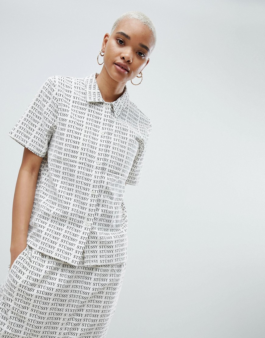 Stussy Shirt With Repeat Logo Print In Corduroy Co-Ord - White
