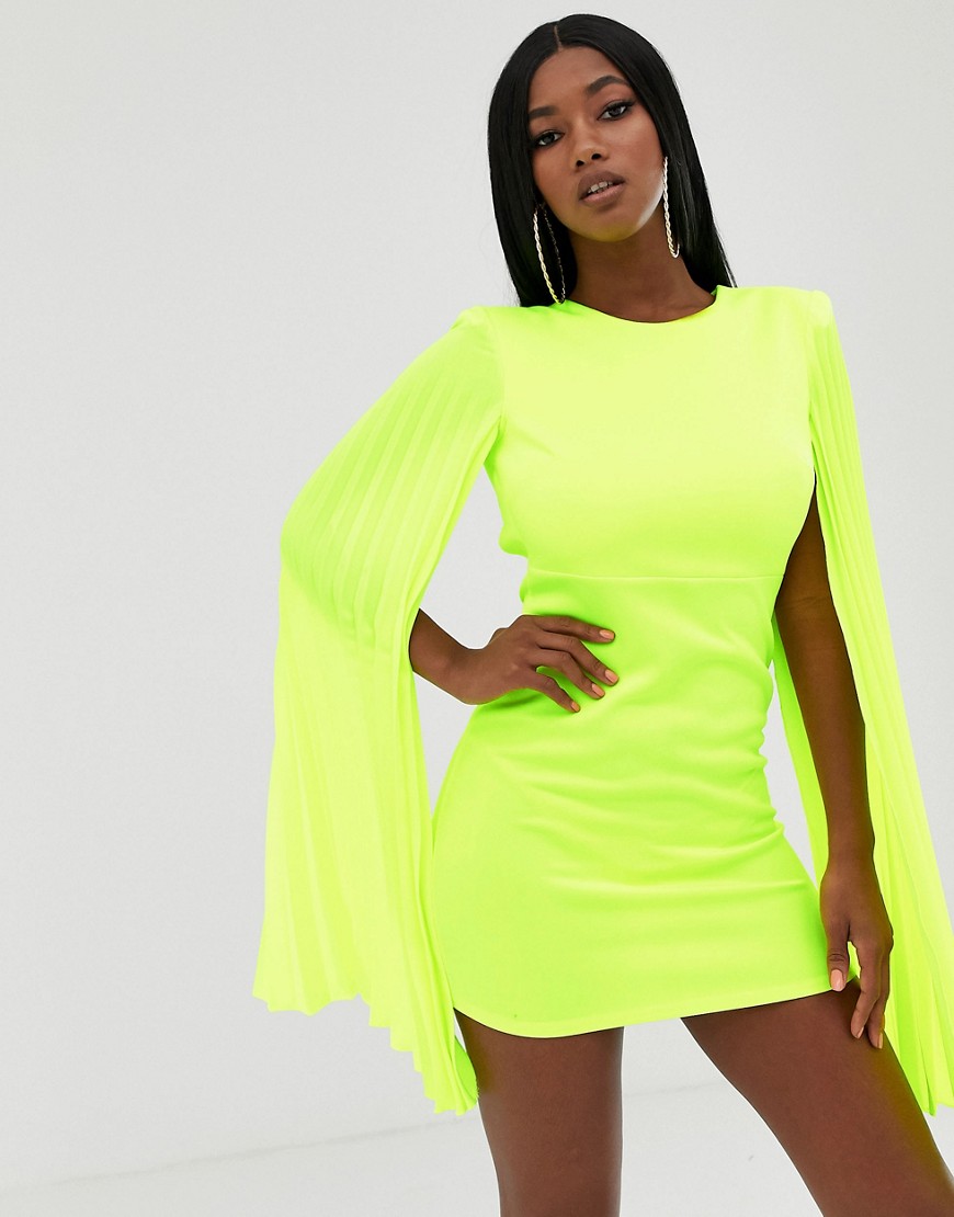 John Zack bodycon mini dress with pleated bell sleeve in lime