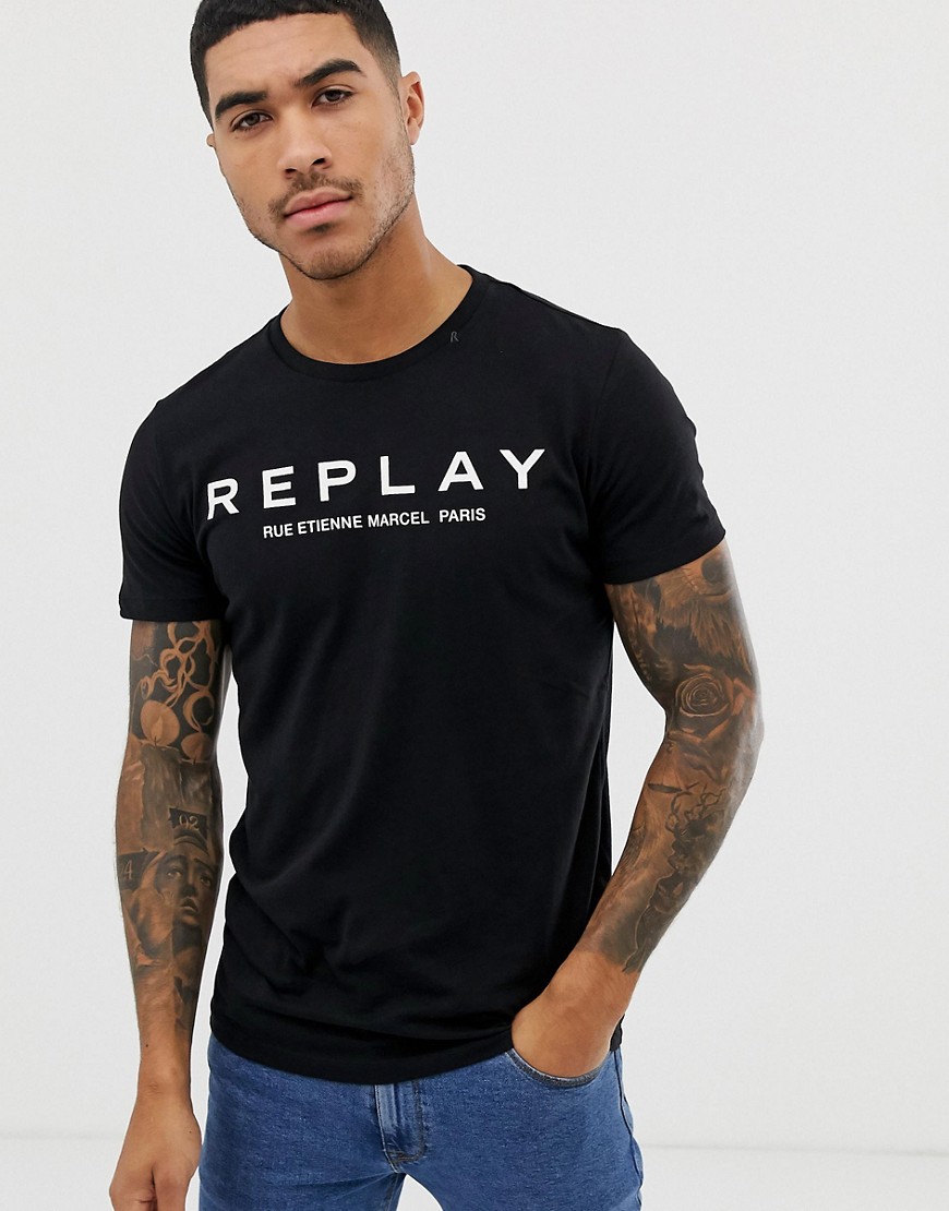 Replay logo text crew neck t-shirt in black