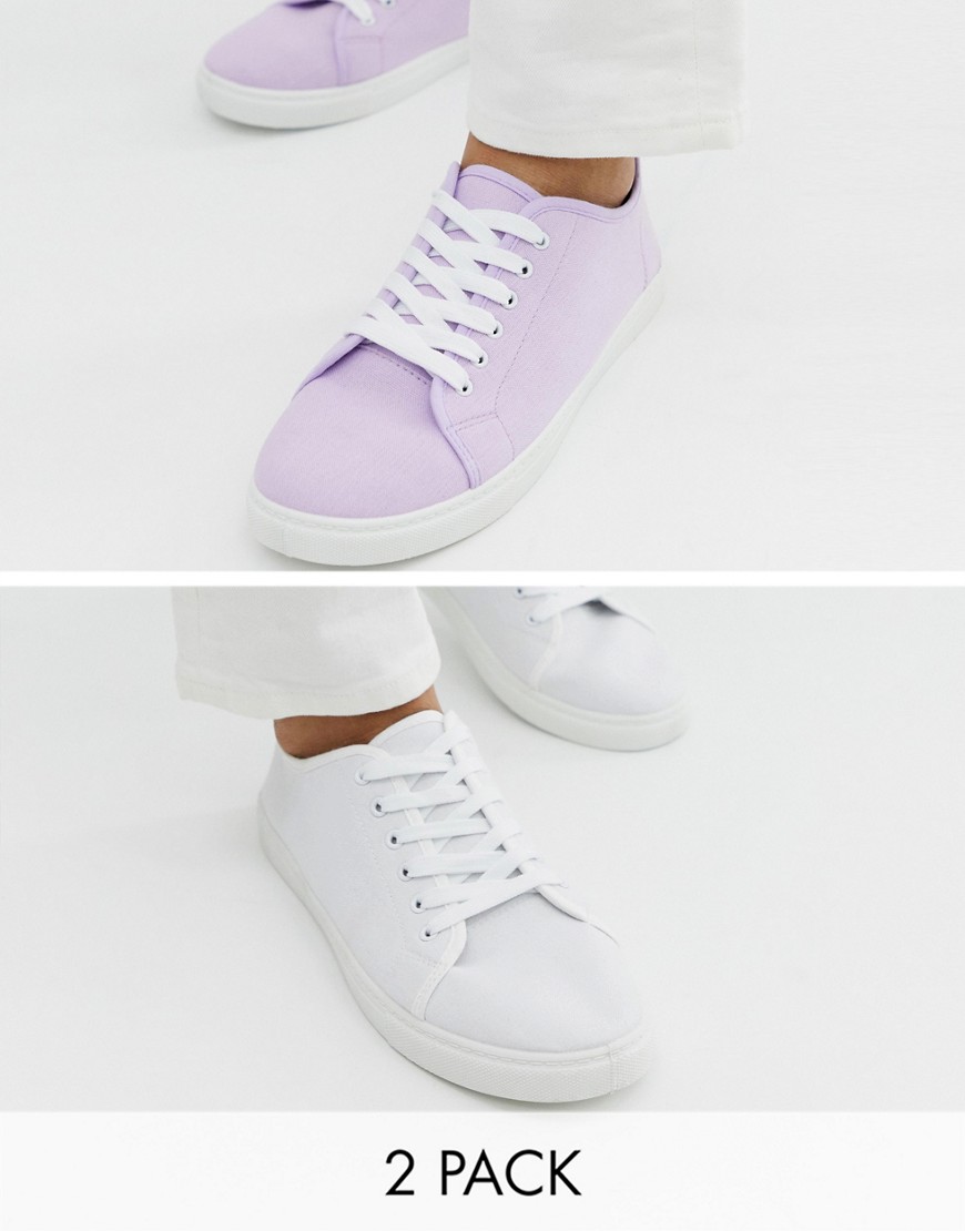 Truffle Collection two pack lace up plimsolls in lilac and white