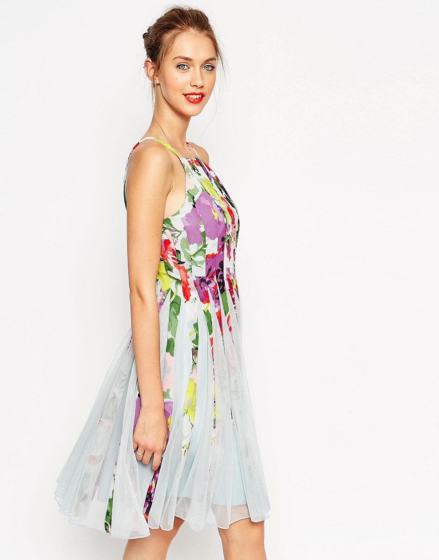 ASOS Floral Mesh Insert Fit And Flare Pinny Mini Dress - Bright floral
