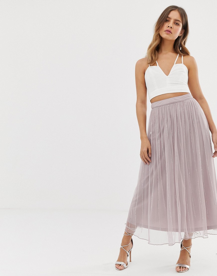 Amelia Rose embellished tulle maxi skirt in soft mauve